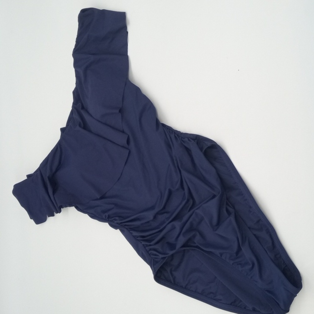 La Blanca Island Goddess Off Shoulder Ruffle One-Piece Swimsuit Indigo Blue 6